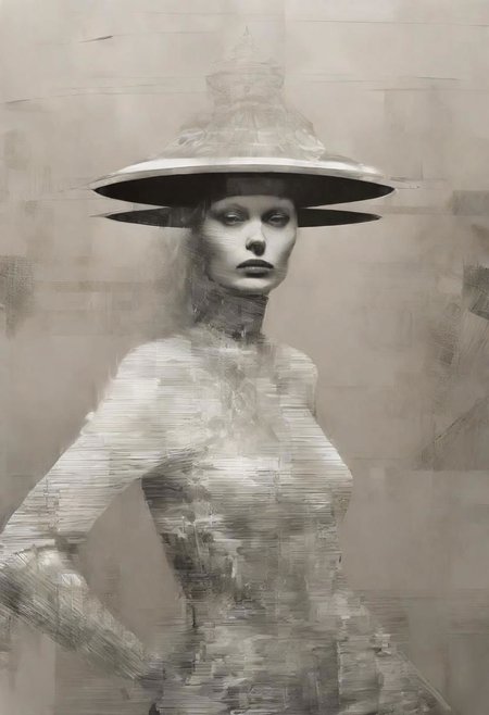 Monochrome black and white, Giger, Beksinski, Zawadzky, Dali, Magritte, Delvaux, Bellmer, Malevitch, Rodchenko, Mondrian, Kandinsky, Popovna, psychedelic hallucination, pop surrealism, rough crosshatch drawing pop art Lunatic_Portrait of a young woman in latex Avant-garde Fashion page, slick back, low bun, black makeup, sinister expression, intense glare, avant-garde, abstract, weird, geometric, constructivism, suprematism, rayonism, verticism, lineism, tj