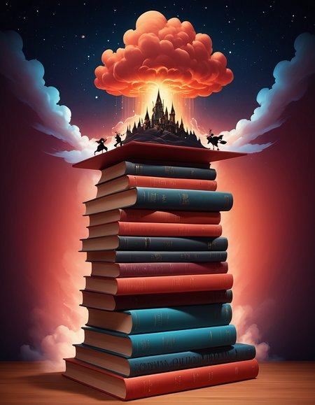 Horror-themed <lora:CivitAI__Style_Fusion_-_FFusionAI_Entry_64DIM:0.75> FFusionAI Style, CivitAI,a stack of books with a cloud on top, fantasy book illustration, cyril rolando and goro fujita, in style of cyril rolando, inspired by Cyril Rolando, by Cyril Rolando, cyril rolando and mw kaluta, cyril rolando and m w kaluta, borne space library artwork, 3 d epic illustrations, endless books . Eerie, unsettling, dark, spooky, suspenseful, grim, highly detailed