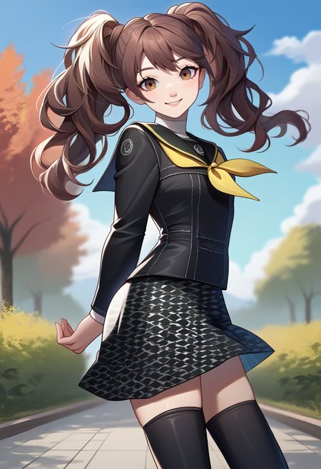 score_9, score_8_up, score_7_up, source_anime, solo, 1girl, kujikawadef, smile, looking at viewer, arms behind back, twintails, yasogami school uniform, black serafuku, yellow neckerchief, long black sleeves, black skirt, houndstooth, black thighhighs, outdoors <lora:persona4_kujikawa_ponyXL:1>