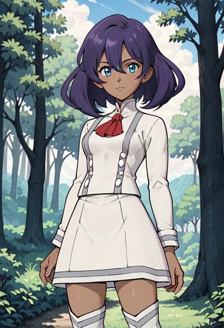 score_9, score_8_up, score_7_up, score_6_up, score_5_up, anime screencap, anime coloring, retro artstyle
PKMNSina, 1girl, dark-skinned female, purple hair, medium hair, bangs, hair between eyes, blue eyes
white shirt, long sleeves, buttons, red ascot, white skirt, white footwear, knee boots
forest, trees, clouds, sky, sun, sunlight, day, standing
