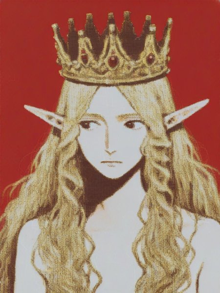 vermis style, 1girl, elf, crown, looking to the side, blonde hair,  red background  ,  <lora:VermisStylePony:1>, source_anime,  score_5_up
