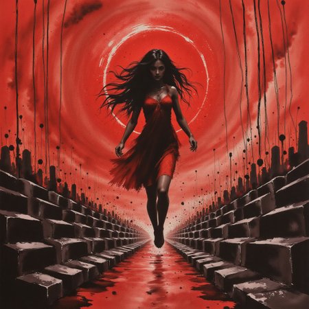 red goddess babalon descending to hell, background made of cubes, blood flowing down in straight lines, horizontal lines made of silvery black, abstract surrealism