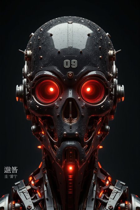 YFG-Zaat, YFG-Sm0rg, (Interesting Image, Captivating Image,High Resolution, 8K, Masterpiece, Absurd res,Good Quality, High Quality, Best Quality,Aesthetic, Newest, Cinematic). Sharp photo of a digital art piece that appears to be a futuristic helmet. The helmet is black in color and has a textured surface with small white dots scattered across it. The top of the helmet has the number "09" written in white on it. Below the helmet, there is a red glow that illuminates the area around the skull. The skull is made up of multiple layers of metal, with the top layer being black and the bottom layer being red. The metal appears to have a metallic sheen, giving it a shiny appearance. The background is dark, making the helmet stand out even more. At the bottom of the image, there are Japanese characters that appear to be floating in the air.