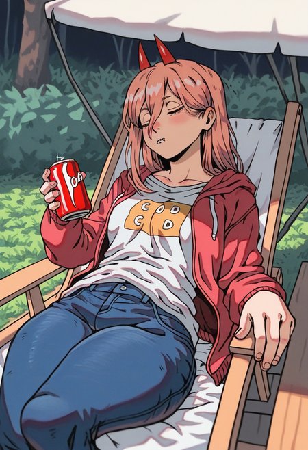 girinstyle, masterpiece, best quality, solo,                                                                                                   power from chainsaw man, red horns, holding soda can,  detailed backyard background,  pink hair, jacket, jeans, sleeping on deck chair, 