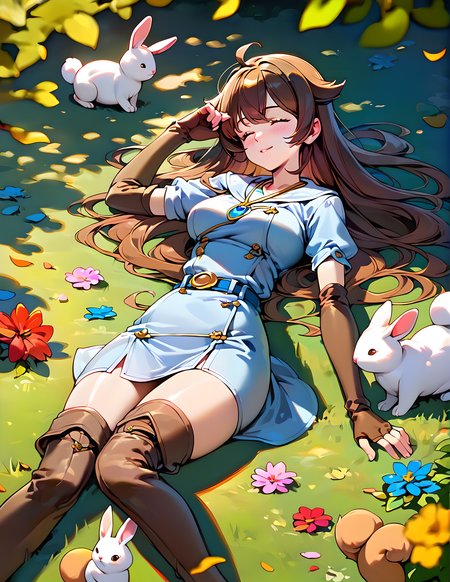 <lora:pony_xl_ki:0.8>,ki,score_9,score_8_up,score_7_up,source_anime,1girl,solo,short dress,short sleeves,brown gloves,elbow gloves,fingerless gloves,belt,thigh boots,brown thighhighs,blue necklace,day,nature,the dappled sunlight that filters through the leaves of trees,sunny weather writing,lens_flare,light_blush,on back,knees_together_feet_apart,flower duvet,happy sleeping face,hair_flaps,squirrel,hare,