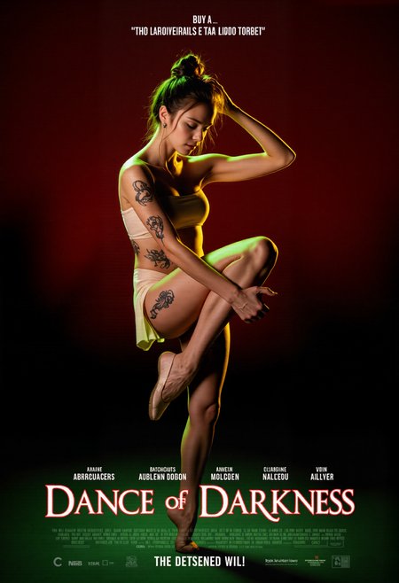 mvpstr with the title:"Dance Of Darkness" , movie poster, english text, a gorgeous young Ballerina. She has elaborate tattoos all over her body. ballet costume,ballet tutu, ballet shoes, dancing, dynamic pose,  ponytail, updo, muscle definition,curve,  looking at viewer, seductive smile,    Suspense, thriller, horror and crime are all represented on the poster.  The poster uses a large number of red and green colors, and the strange effect of bright colors has a strong impact on the audience's vision.  With stage-style sets and strong colors, a mysterious and dangerous world is constructed., upper body, dynamic pose,  beautiful aesthetic, very intricate, high quality details, highly detailed,  <lora:FLUX\style\EpicMoviePoster-000015.safetensors:0.5:0.5> <lora:FLUX\pose\Dynamic Poses V2.safetensors:0.65:0.65>