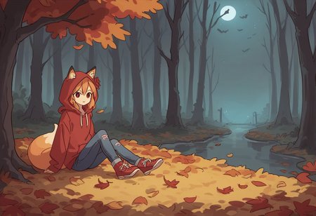 score_9, score_8_up, score_7_up, score_6_up, score_5_up, score_4_up, source_anime,  BREAK, solo, 1girl, hair flower, animal ear fluff, fox ears, red flower, fox girl, (hoodie with hood, jeans), halloween atmosphere, (Autumn leaf fall, evil fog, evil night), (Puddles and leaves on the ground) (Forest) (dark, night:1.3)  full body fox girl