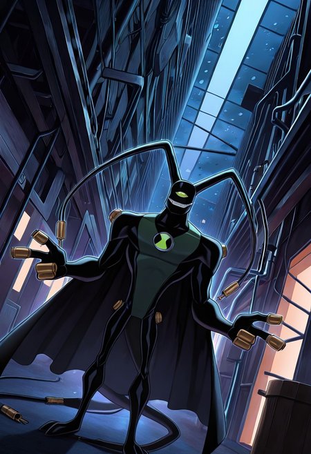 masterpiece, best quality, amazing quality, very aesthetic, absurdres, newest
feedback, solo, smile, , tail, 1boy, no humans, green eye, single eye, , digimon (creature), black skin, , alien, , , cables, , 
fedora, black cloak, from angle, taking down sunglasses, finger guns, factory, dark night, rainy night,