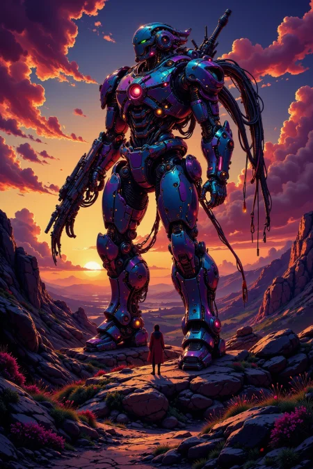 Robotic war beautiful  landscape, sunset, woman, very intricate, very detailed, sharp, bright, colorful, <lora:Hand v2:0.5> <lora:Anti-Blur:1><lora:Insane Detail Slider:0.25>  <lora:flux.1_lora_flyway_Epic-detail_v2:0.3> <lora:fluxenhancer:0.25> <lora:ck-Neon-Retrowave:0.4> ck-rw, in the style of ck-rw,  <lora:Neurocore Anime Cyberpunk:0.8> A digital artwork in the style of cknc