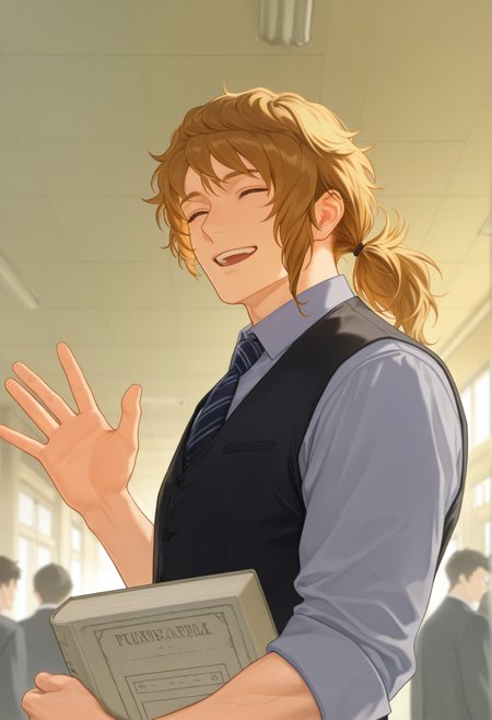 embedding:SmoothNoob_Quality,  1boy, mKjr0, brown_Kjr0_hair, purple_Kjr0_eyes, male focus, muscular male, from below, Kjr0_suit, ponytail, grey collared shirt, striped necktie, black vest, waving, school, hallway, ^_^, holding book, people, faceless,