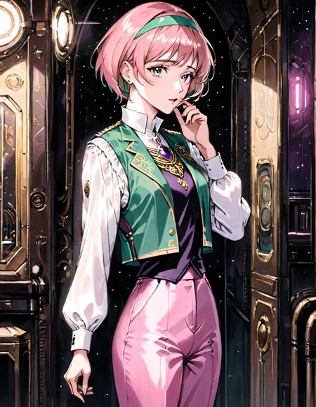 ((style of dieselpunk)),a woman,heikevahs,very short hair,mature female,standing,looking at viewer,headband,vest,jewelry,ornate clothes,white collared shirt,long sleeves,pink pants,in dark spacecraft interior,((stroking chin,hand on chin)),contemplative, <lora:VahsXL:0.9>