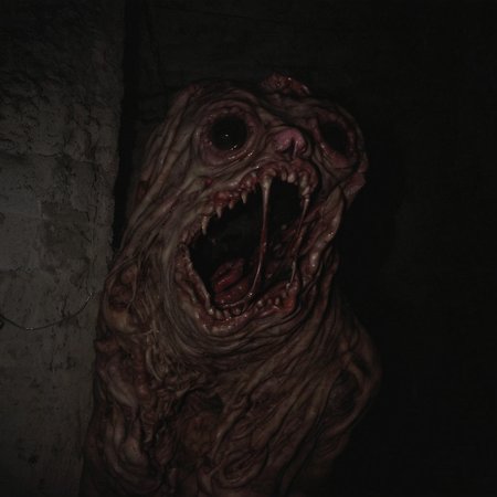 ab0m, dryer lint monster in unfinished basement, bloody, dark basement lit by camera flash, 35mm color analog photo