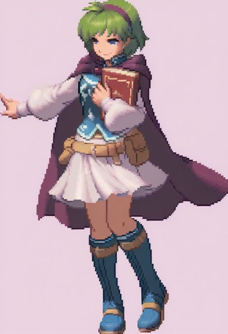 masterpiece, best quality, solo, 1girl, smile, <lora:KOF-XIII-Sprites-illus_Fp:1>, simple background, pixel art, full body,  <lora:nino-fe-richy-v1_ixl:1>, nin0d, blue eyes, green hair, short hair, antenna hair, purple hairband, blue shirt, purple cloak, long sleeves, white sleeves, white skirt, brown belt, belt pouch, blue knee boots, holding book, v