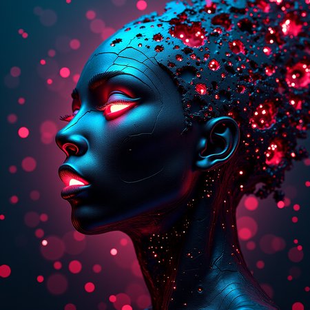 Abstract geometric shapes transform in the hallucinatory style of Karel K709, each face transitioning into a faceless mask with a stroke reminiscent of Beksinski's Prime art, neon ambiance highlighting the abstract black oil textures, gear mecha elements intertwined, acrylic with a grunge touch, all laid out with intricate complexity, rendered in Unreal Engine for a photorealistic effect.
