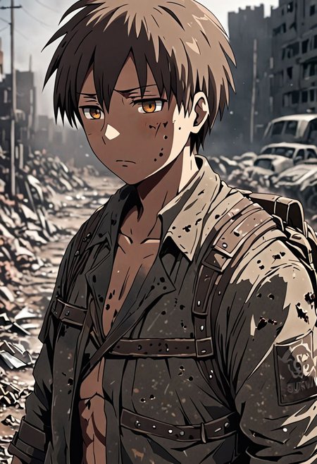 high resolution, solo, best quality, 1Boy, Takaki Toono, Brownish Hair, Brown Eyes, shallow depth of field, Post-Apocalyptic, survival, OverallDetail