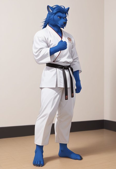 (((Barefoot furry character, full body, cinematic setting, furry male, plantigrade))) 
(((Beast from X-Man))), muscular, beefy, brawny, (((wears white kimono and lonh white pants))), (((performs karate kick))), high kick, lifted leg,  blue fur on entire body
BREAK, detailed background, 8K, (masterpiece:1.5), intricate details, highly detailed, extreme detail, octane render, fine art, best quality, highres, (detailed face:1.5), ((full_body)), UHD, (((perfect hands))), low light