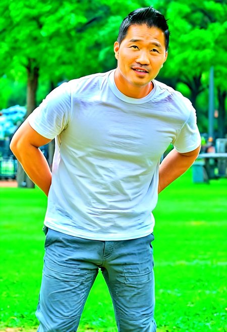 (((htkangface))), daddy,  natural face expression, (((detailed HtKangface))), fixed htKangface Photorealistic, realistic, masterpiece, intricate details, detailed background, depth of field, photo of a handsome, dynamic pose, natural face expression, (((looking at viewer))), high detail, high quality, male focus,  ((white shirt)), ((pants)), ((park background)), full body