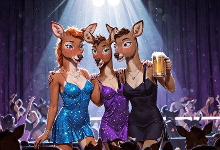 score_9, score_8_up, score_7_up, 2girls, Penny Carson, deer girl, brown fur, brown hair, green eyes, orange hair, 
BREAK, Charlotte Carson, purple eyes, breasts, hand over shoulder, animal ears, furry female, jewelry, skimpy dress, rave, stage, reflectors, light beams, holding beer, singing, dancing, drunk, blush