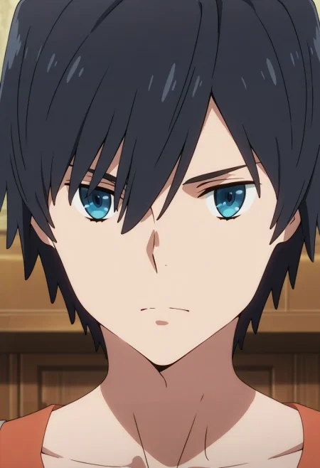 masterpiece, best quality, intricate details, anime screencap, , , , 1boy, solo, male focus, <lora:hiro_franxx_ilxl:0.96>, hiro_franxx, black hair, blue eyes, bangs, , ,