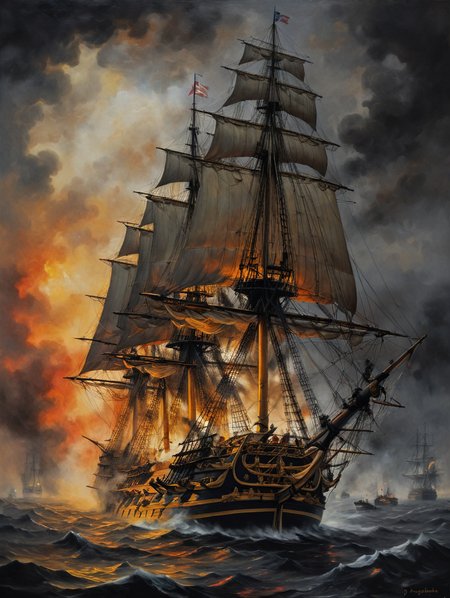,Masterpiece, oil painting in the style of Greg Rutkowski of the sailing ship HMS Victory during the naval battle of Trafalgar in combat with a smaller French sailing ship, afternoon, smoke and haze from the battle, dense fog, threatening darkness, no visibility, dark background, dramatic sky,
color palette red yellow grey
(darkness:2.0),
  <lora:add-detail-xl:1.8>
