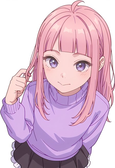 Smooth Quality,masterpiece,beautiful aesthetic, very intricate, high quality details, ultra realistic, high detailed skin,
simple background, white background,
from above,twirling hair,:>,
frilled skirt,,turtleneck sweater, ,String around finger , <lora:Fuyuki_Momokocnn:0.8> momoko/cnn, pink hair, 1girl, ahoge, purple eyes,petite,