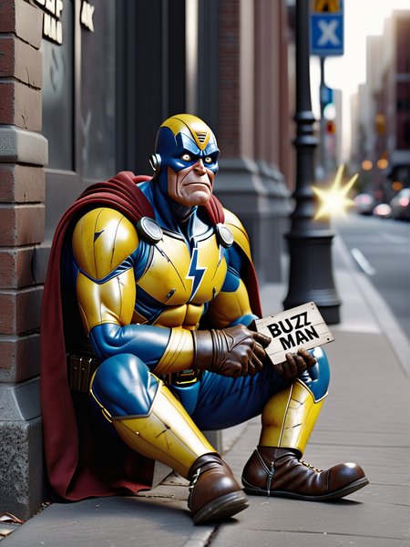 a poor old weak superhero, Buzz Man, sitting on the sidewalk like a beggar, his chest has a (lighting bolt)++ on it, he looks tired and worn out, he is holding a sign that says:"HALP BUZZ MAN", photography. f/8 photo, 8k, photorealistic, photorealism, ultra-detailed