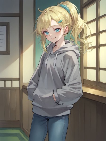 score_9, score_8_up, score_7_up, score_6_up, qjukiyo,
1girl, solo, long hair, looking at viewer, smile, hair ornament, long sleeves, closed mouth, blue eyes, standing, ponytail, hairclip, indoors, hood, blonde hair, hoodie, hood down, smug, grey hoodie, jeans, 
 <lora:Kujou_Kiyo-000007:1>,
