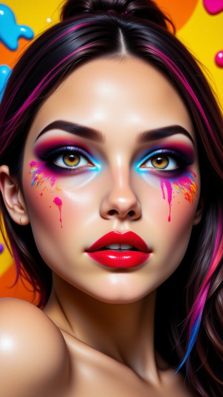 1woman, dllj02,  A supermodelâs face made up in bold, comic-book-inspired makeup with exaggerated eyeliner, red lipstick, and colorful contouring. Her expression is intense, with bright, primary colors in the background, giving a modern twist to pop art,<lora:BetterPortraits:0.7>, jedjv1,  <lora:JedJourney_epoch_7:0.3>, <lora:FLUX_Dolleij02:0.7>