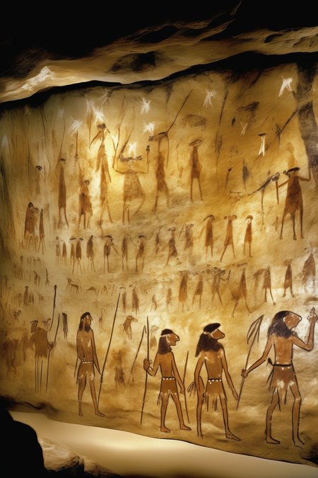 <lora:Lascaux:1>Lascaux - early stone age humans wearing animal skins, with animal bones for jewelry, draw famous prehistoric drawings of animal hunts on the walls of the cave at Lasceaux, France, illuminated only