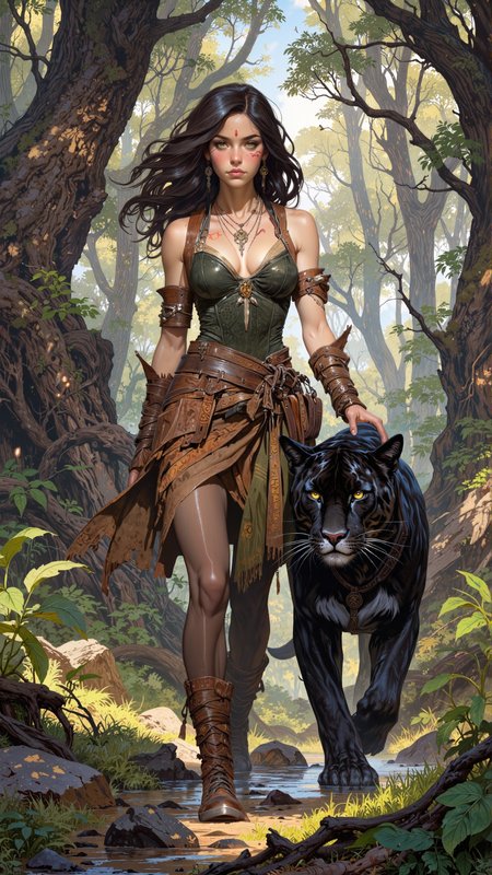 In the heart of a dense, ancient forest, where the trees stretch endlessly toward the heavens and the air hums with primal energy, a figure emerges from the shadows. She is a Wildborn, her human form subtly touched by the essence of the wild, her lithe frame adorned with faint, tiger-like stripes that shimmer in the dappled sunlight filtering through the canopy. Her eyes, a piercing amber, glow with an inner fire, reflecting the untamed spirit of the wilderness. Her hair, a cascade of dark chestnut waves, falls freely down her back, interwoven with small feathers and beads that speak of her deep connection to nature. Her face is fierce yet alluring, with high cheekbones, a sharp jawline, and full lips painted a deep, earthy red. Her ears, slightly pointed, twitch at the faintest sounds of the forest, and her nose, small and slightly upturned, flares as she inhales the scent of the earth.
She is a Beast Master Ranger, a master of the wild, and by her side strides a massive, sleek panther, its fur as black as midnight, its eyes glowing with the same primal energy that courses through her veins. The panther moves with silent grace, its muscles rippling beneath its dark coat, a perfect extension of her will. She wears a revealing yet practical outfit, a blend of leather and fur, designed for both mobility and protection. Her top, a form-fitting leather corset, is laced tightly across her torso, accentuating her curves while leaving her shoulders and midriff bare. The leather is dyed a deep forest green, adorned with intricate patterns of vines and leaves that seem to shift and move as if alive. Her arms are wrapped in leather bracers, etched with runes that glow faintly with primal magic. Around her neck hangs a necklace of animal teeth and claws, trophies from her hunts, and a small pouch at her hip holds herbs and potions for healing.
Her lower body is clad in a skirt of layered leather strips, each one dyed in shades of brown and green, allowing for maximum movement while still providing some protection. Beneath the skirt, she wears tight-fitting leggings of a dark, earthy hue, blending seamlessly with the forest floor. Her boots, made of supple leather, are laced up to her knees, the soles soft and silent as she moves through the underbrush.
The scene around her is alive with the sounds and scents of the forest. The trees, ancient and towering, their bark rough and gnarled, stretch endlessly in every direction. The air is thick with the scent of moss and damp earth, and the faint rustle of leaves whispers secrets of the wild. A small stream winds its way through the forest, its waters crystal clear, reflecting the dappled sunlight that filters through the canopy. Birds chirp in the distance, their songs a symphony of life, while the occasional growl of a predator echoes through the trees, a reminder of the untamed nature of this place.
The overall color palette is a rich tapestry of greens, browns, and golds, evoking the essence of the forest. The light, filtered through the leaves, casts a soft, golden glow over the scene, highlighting the Wildbornâs features and the sleek form of her panther companion. The atmosphere is one of both danger and beauty, a place where life and death are intertwined, and where the Wildborn reigns supreme.
This is not just a portrait; it is a glimpse into the heart of the wild, a testament to the power and grace of the Beast Master Ranger and her bond with the natural world. It is a scene of epic proportions, where the line between human and beast blurs, and where the primal energy of the forest comes alive in the form of a fierce, untamed warrior.
soft pastel anime, Magic style, mythp0rt, DB4RZ