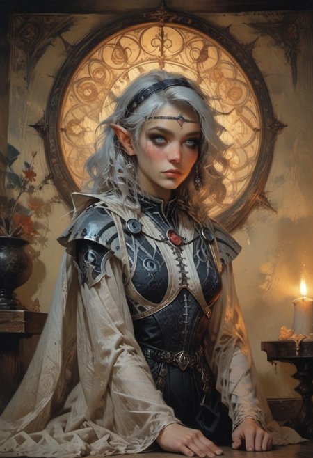 score_9, score_8_up, score_7_up, ((waist-up portrait, kneeling, face focus, eye focus, dynamic angle, motion)), 1girl, fantasy, (ph4nt0m01l), (Tarot Card Style), <lora:BGIsobel:1.0>, (BGIsobel, 1girl, white hair, pointy ears, make up), (isobelArmor), lace, cape, breathless intimacy, tanned skin, petite model bombshell, heart, young, delicate features, narrow pointy nose, tiny nose, white hair, lust, big eyes, seductive eyes, blue eyes, detailed skin, flared lashes, mascara, makeup, perky medium breasts, athletic body, narrow waist, skinny hips,
warm light, detailed, neon dark party, candles, ((occult))
 BREAK
milky way, runes, arcane, astral, surreal, ethereal glow, masterpiece, best quality, intricate design. colorful, moonlit nightsky, stained glass aesthetic, moody whimsical color palette, murano glass, bold soldering lines, volumetric light shining through, crepuscular rays, intricate craftsmanship, detailed texture, luminous transparency, reflective light play, vivid hues, atmospheric depth, enchanting silhouette, art nouveau,