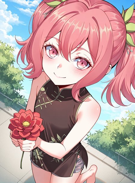 <lora:Yao_Yao:1>
1 girl, solo, pink eyes, pink hair, ponytail, hair between eyes, bangs, twintails, médium hair, sidelocks, child, famale child
chinese clothes, black dress, sleeveless dress, hair ormanent, bare shoulders, barefoot, leaf hair ornament, bare arms, short shorts, grey shorts
score_9, score_8_up, score_7_up, very aesthetic, source_anime, detailed, high quality, beautiful, masterpiece, detailed eyes, highres, best quality, masterpiece, outdoors, looking at viewer, blush, smile, holding flower, from above, floating, blue sky
