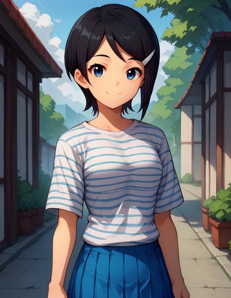 score_9,score_8_up,score_7_up,1girl,solo,cowboy shot,looking at viewer,smile,closed mouth,outdoors,
<lora:mizutanieri_ponyXLV6:0.7>,dsme,
black hair,short hair,hairclip,blue eyes,
striped shirt,blue pleated skirt