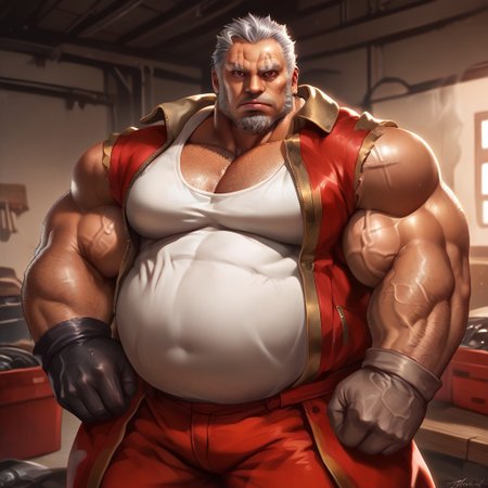safe_pos, safe_pos, source_anime, detailed background, (score_9, score_8_up, score_7_up), zoroj, masterpiece, best quality, high quality, ultra detailed, highly detailed, high detail, artistic lighting, (highly detailed face, (perfect face, perfect eyes)), depth of field, perfect soft lighting, best shadows, perfect reflections, volumetric, detailed image, high resolution, defined faces, sharp definition,

solo, 1boy, male focus, Amatsumara, old man, mature male, gray hair, short hair, long sideburns, facial hair, goatee, (brown left eye, red right eye), scar, dark skin, red jacket, white tank top, red pants, sash on left bicep, gloves, fat, big belly, extremely hairy body, arm hair, chest hair, musclebears, muscular male, bara, veiny muscles, large male,

G4rage, Indoors, garage, workshop, dynamic poses, various poses, cowboy shot, standing, looking at viewer,