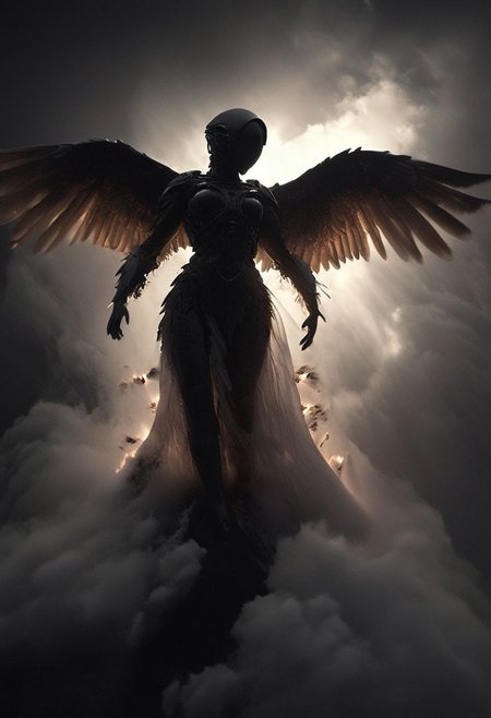 Dark luminous translucent Wings, Above the Clouds Loosing feathers, floating feathers, subsurface scattering, Capture the dystopian spectacle of female Icarus ascending too close to the sun, seen from below. Witness her wings, illuminated by the piercing light of a Blood moon, shedding feathers as they struggle against the inevitable descent. 
subsurface scattering, Angel Icarus LiS_Robot By tim burton with Large vanta black spreaded  Wings, large hooded Cape, liminal space cloud, Neon translucent Soundwaves visible on the face,
atmospheric haze, Film grain, cinematic film still, shallow depth of field, highly detailed, high budget, cinemascope, moody, epic, OverallDetail, 2000s vintage RAW photo, photorealistic, candid camera, color graded cinematic, atmospheric lighting, imperfections, natural, shallow dof