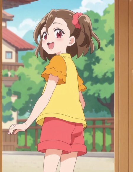 score_9, score_8_up, score_7_up, anime screencap, solo,1girl,sakurahamori,  smile, red shorts, looking at viewer, scrunchie,  yellow shirt, hair ornament,cowboy shot, blush,open mouth,from behind<lora:sakurahamori_pony:0.8>