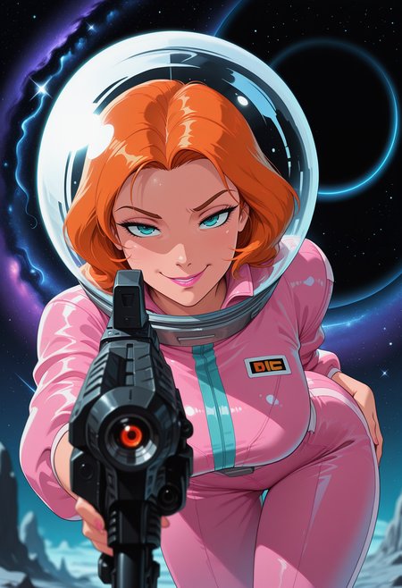 masterpiece, best quality, amazing quality, very aesthetic, absurdres, newest, solo, female, bimbo, ginger hair, aqua eyes, pink lipstick, large breasts, pink jumpsuit, glass helmet, outside, outer space, stars, galaxy, black hole, seductive smirk, holding retro laser rifle, aiming at viewer, (depth of field), sidelighting, sci-fi, retro, disney animation, <lora:ck-70s-scifi-IL:1> <lora:Disney_Animation_v5-V7:1>