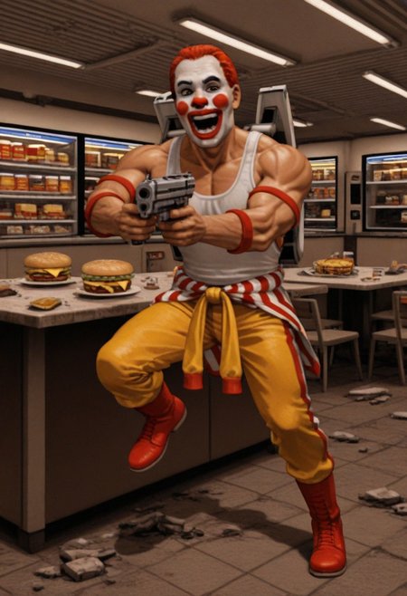 best quality, masterpiece, 
lowres, low quality, 
1boy, solo, male focus, 
full body, 
action pose, fighting, 
ronald mcdonald, 
muscular male, clown, 
jumpsuit around waist, white tank top, jetpack, red boots, 
holding weapon, holding gun, aiming, 
looking at viewer, 
indoors, restaurant, mcdonald's, rubble, table, cheeseburger, windows
