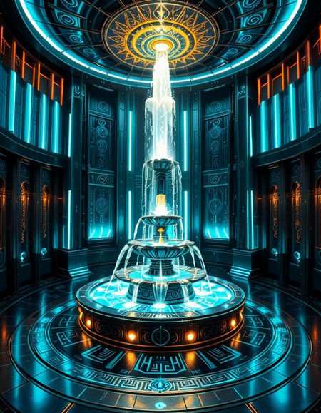 The center of a high-tech, alien temple-laboratory, where dark metallic walls shimmer under the glow of cyan vertical light tubes and faint sacred runes. In the middle of the chamber lies an elaborate biomechanical fountain, rising like an altar from a circular platform of engraved metal. The fountain pulses with iridescent liquid light, flowing in gravity-defying streams that spiral upward before cascading back into a glowing basin etched with ritual patterns. Bioluminescent veins run through the structure, illuminating the surrounding floor like circuitry. Overhead, a radiant, halo-like design casts a celestial glow, enhancing the surreal, sanctified atmosphere. The space exudes a fusion of sacred ceremony and alien technology, as if the fountain were a source of divine power worshipped by another world.
<lora:high-tech_alien_temple_f0unt41n:1>,high-tech alien temple f0unt41n,<lora:SDXLFaeTastic2400:0.4> <lora:extremely_detailed:0.4> extremely detailed, Masterpiece,best quality,hi res,8k,hi res,8k,award winning,(sharp focus, intricate, highly detailed),