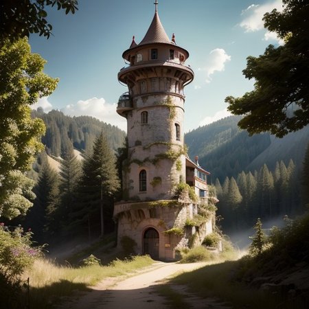 realistic analog photo, award winning photo, vary wide shot of (authoritarian) Cement witow (Military watchtower), fortified, building, scenery, dirt path, (hill top), nature, outdoors, RAW, highres, 8k, uhd, High Dynamic Range, tonemapping, crisp details,
