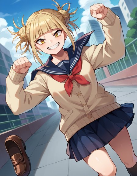 score_9, score_8_up, score_7_up, source_anime,
himikotoga, <lora:himiko-toga-ponyxl-lora-nochekaiser:1>,
himiko toga, bangs, blonde hair, yellow eyes, blunt bangs, hair bun, double bun, messy hair, smile, grin,
skirt, long sleeves, school uniform, pleated skirt, shoes, serafuku, socks, sailor collar, blue skirt, neckerchief, kneehighs, brown footwear, cardigan, black socks, loafers, red neckerchief, yellow cardigan,
outdoors, cityscape,
looking at viewer, cowboy shot, dutch angle, dynamic pose,