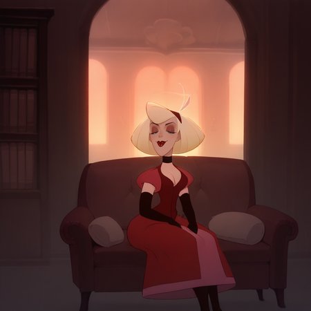 score_9_up, score_8_up, BREAK, katrina, 1girl, solo, blonde hair, lipstick, choker, dress, long robe, cleavage, puffy sleeves, elbow gloves, boots,  <lora:Katrina_TheBraveLocomotive_PXL_Leaf1-000010:1>, indoors,   sitting on couch,