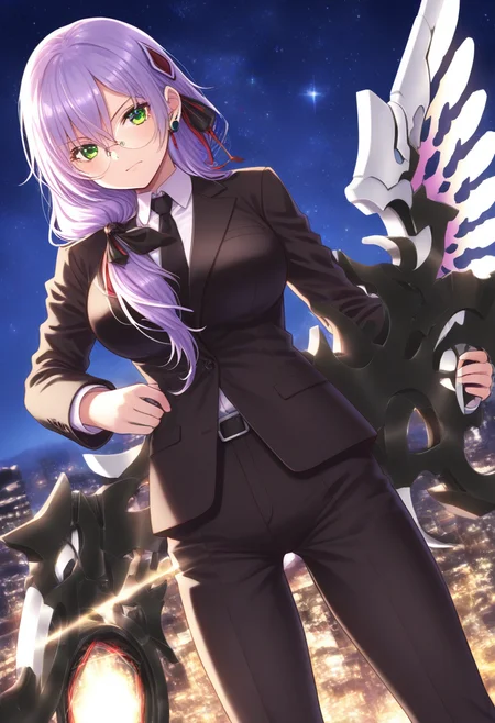 best quality, 
 source_anime, highres, total body (best quality), finely detail, night sky 1girl, izmyk, long hair, purple hair, (hair down:1.2), bangs, hair between eyes, green eyes, large breasts, hair over shoulder, low ponytail, hair ribbon, hair ornament black suit, black jacket, white shirt, collared shirt, black necktie, round eyewear, earpiece, holding seraph, black pants, black high heels<lora:izumiyuki_IL_XL_V1:1>