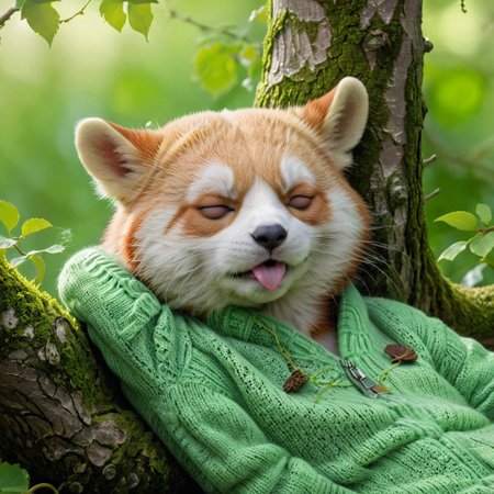 (side view:1.9), an adorable lesser_panda,(wearing green sweater), (coma:1.7),(lying lean back:1.9),(arms behind head:1.9), green grape over head, full body, on a birch tree trunk, closed eyes, against a soft-focus green background, masterpiece, best quality, highres,,cinematic still piercing light, (aesthetic:1.1), (dim colors:1.2),(closed eyes:1.9), (open mouth:1.7), (tongue out), head tilt, relax,AR71B