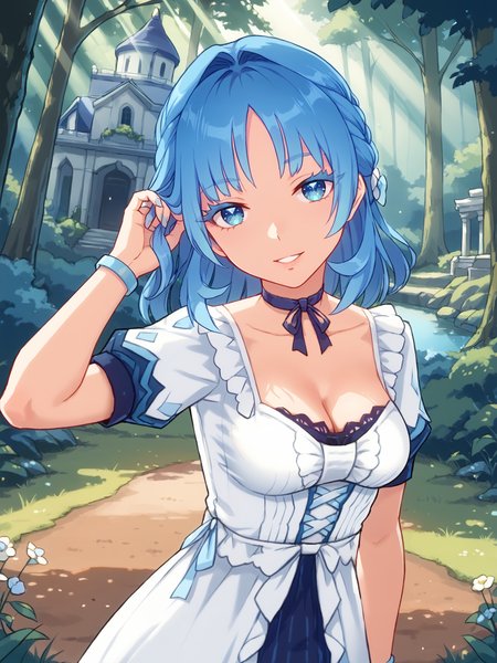 score_9, score_8_up, score_7_up, source_anime, BREAK
(detailed face, detailed eyes, portrait, closeup:1.5), (beautiful forest garden, grass, dirt path, european architecture, mansion, perfect lighting, god rays, bloom:1.5),  outdoors, daytime, demure smile, (head tilt:1.5), (looking at viewer:1.5), waterfall, river,  teeth, pov, parted lips, (adjusting hair:1.5), (perspective, dutch angle:1.3), BREAK
<lora:Genshin_NPC_MaryAnn_Pony_v1:0.8>, (long eyelashes, thick eyelashes:1.5), 1girl, solo, shiny hair, blue hair, shiny blue eyes, blue nails, nail polish, toenail polish, bow, ribbon, jewelry, collarbone, cleavage, choker, medium hair, puffy white sleeves, short sleeves, white dress, (frills, lace:1.5), french braid, bracelet, hair intakes, medium breasts, lips,