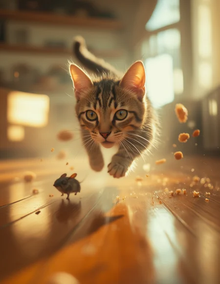 An ultra-dynamic action scene of a tabby cat mid-leap with Motion blur, chasing a small mouse across a shiny wooden floor inside a sunlit room. The catâs eyes are wide and locked on its target, muscles tense and fur detailed with natural textures. Motion blur and scattered crumbs enhance the high-speed intensity, with a shallow depth of field focusing sharply on the cat and mouse. Dramatic lighting streams through large windows, casting soft highlights and shadows. The image has cinematic energy, combining photorealism with a playful, high-stakes chase.  <lora:Motion_blur_flux dtmh(Motion blur):0.8>