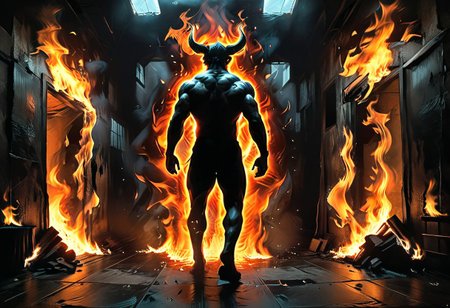<lora:flame silhouette:1>,  <lora:flame:1>, flame,
fullbody, full body, back view, <lora:Super perspective and fight stance:0.8>, ((super low perspective)), low perspective, ((fisheye)), dark atmosphere, dark shadow, deep shadow, shadow,  Super perspective,fisheye, wide shot, foreshorten, lighting stance, (fire around), ((fiery footprints)),
Man with demon horns in black shorts walking away from the long dark office corridor, Adult, Mesomorph Muscular body, short Muscular neck, Rectangle faces, broad Muscular shoulders, Muscular fitness arms,  black short combed back hair,  Angular jawline,  Designer Stubble black whiskers, triangular black hair beard, Muscular fitness ass,  Athletic thighs, Muscular fitness legs,  big muscles,  dark black skin,
((burning walls)), ((fire on the walls)),
<lora:Camera Perspectives (507):1>,  from below, foreshortening, perspective,
graphic style of novel comics, perfect hands, 2d,
8k, hyperrealism, masterpiece, high resolution, best quality, ultra-detailed, super realistic, Hyperrealistic art, high-quality, ultra high res, highest detailed, lot of details, Extremely high-resolution details, incredibly lifelike, colourful, soft cinematic light,