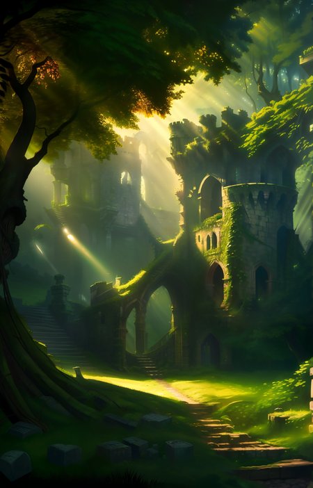 detailed photo landscape fanfo fanru  Deep in the forest a clearing a tall abandoned ruined castle wall keep tower surround by a moat , vines climb the stone walls a a shaft of light pierces the tree follage to illuminate the castle in soft light  <lora:Fantasy Forest - v1.1:0.8> <lora:Fantasy Ruins -fanru:0.08> detailed