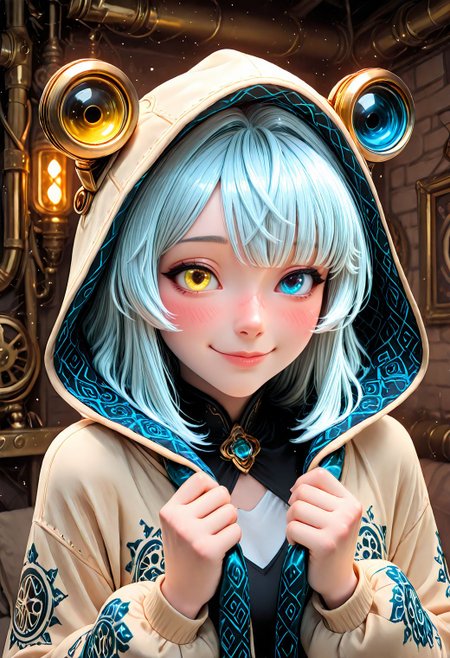 SmoothNoob_Quality, 1girl, a close-up of a girl adorned with intricate black and blue patterns. The clothes are adornded with symbols and doodles, featuring and mechanical elements. Her left eye glows yellow, contrasting sharply with the surrounding patterns. The face is partially covered by a hooded garment. (heterochromia:1.5), yellow eye, blue eye. light smile. blush, holding hoodie. steampunk <lora:Smooth_Booster:0.5>  <lora:IncaseStyle_NoobAI:0.3> <lora:All_Disney_Princess_-_Illustrious:0.2> <lora:Smooth_SteamPunk:0.8>