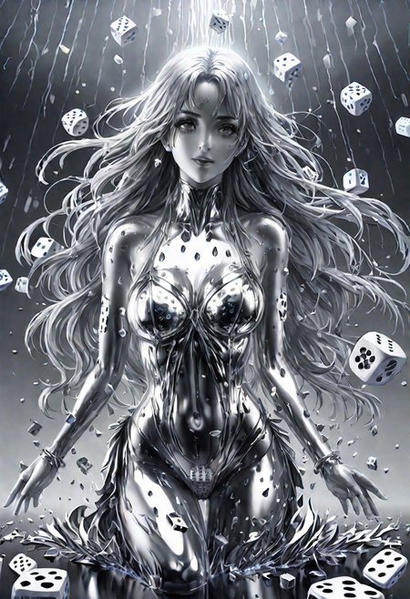 (masterpiece,best quality,ultra-detailed,best illustration:1.3), 1woman,  its raining dice, 1000s of white dice falling from from the clouds, full length metal body, silver liquid metal long hair, casino background,
silver LIQUID METAL